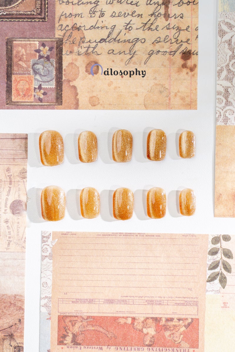 Nailosophy أظافر مضغوطة فاخرة مصنوعة يدويًا بساعة الذهب عين القط العنبري | شكل مربع - Image 3